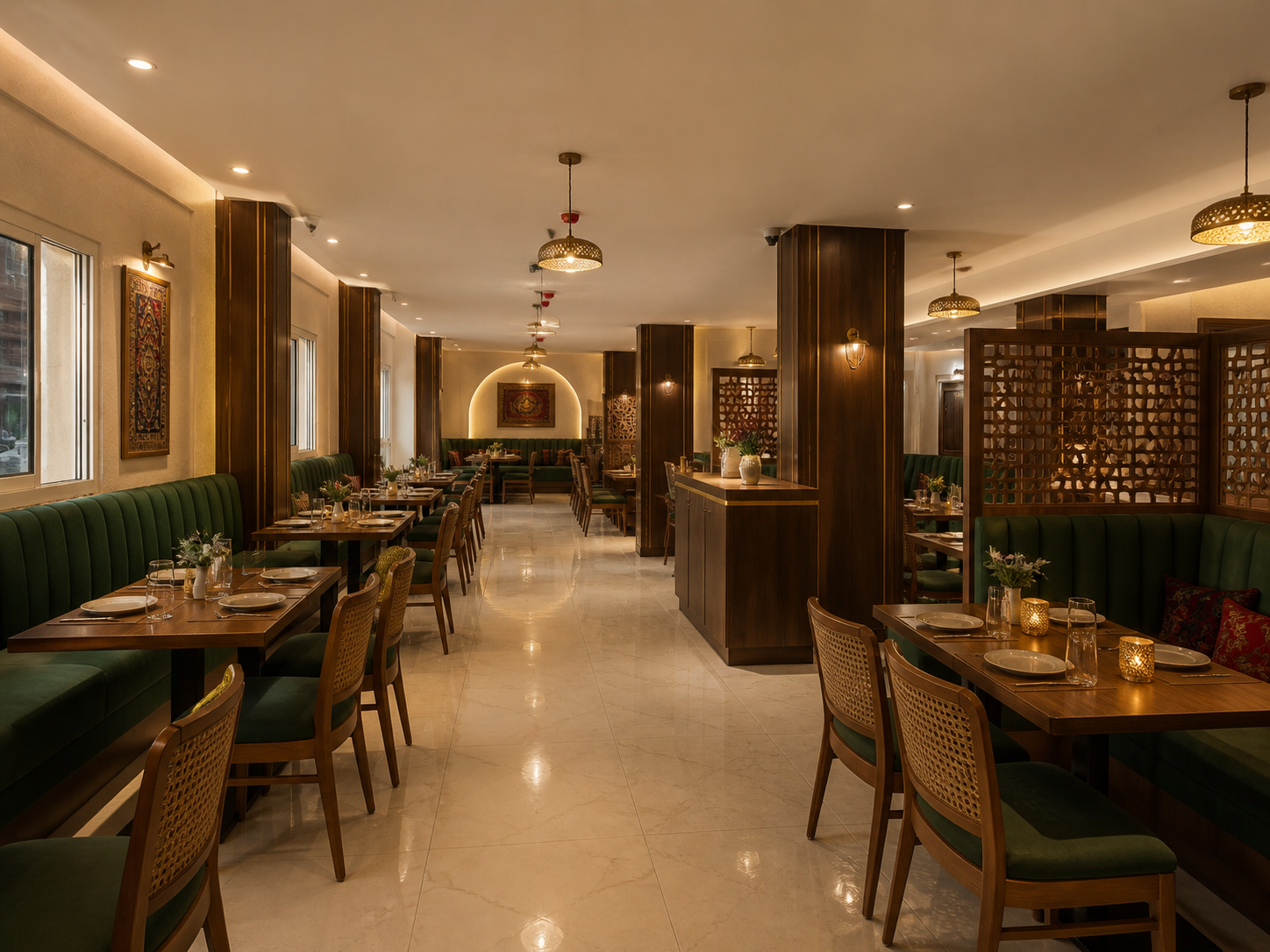 Proposed main dining room with green banquettes, walnut columns and jali screens